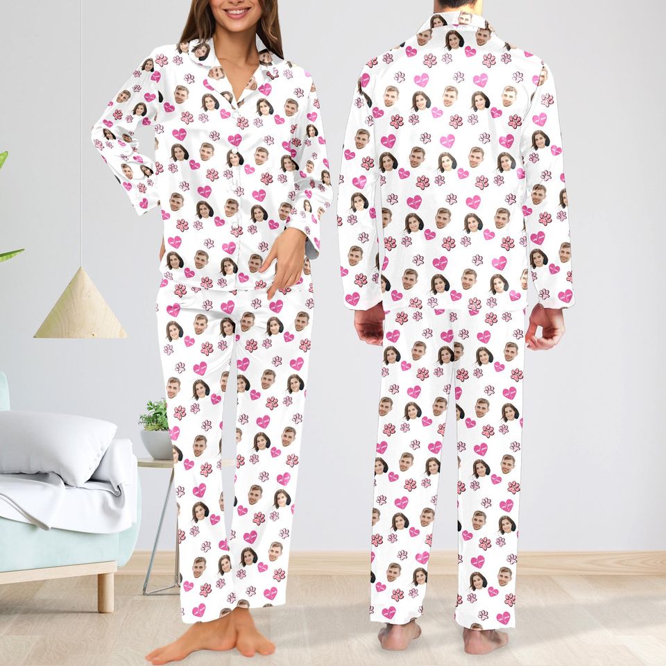 Personalized Couple Face Pajama Set, Customized Romantic Sleepwear For Couple