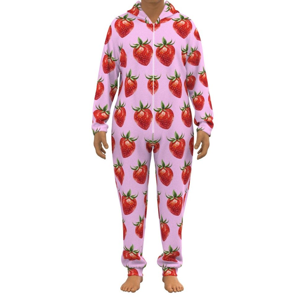 Strawberry Home Pajama Set With Fluffy Interior Lining Strawberries On Pink