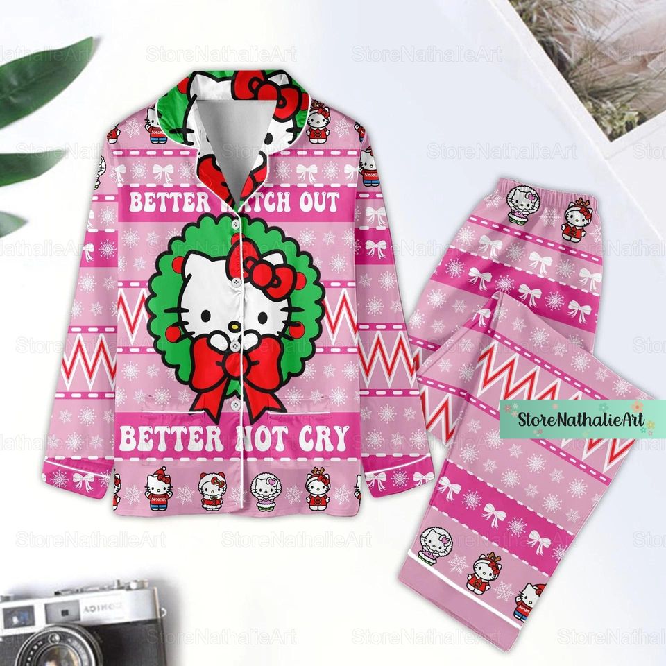 Hello Kitty Pajamas, Hello Kitty Pajama Set, Pink Kitty Holiday Pajamas