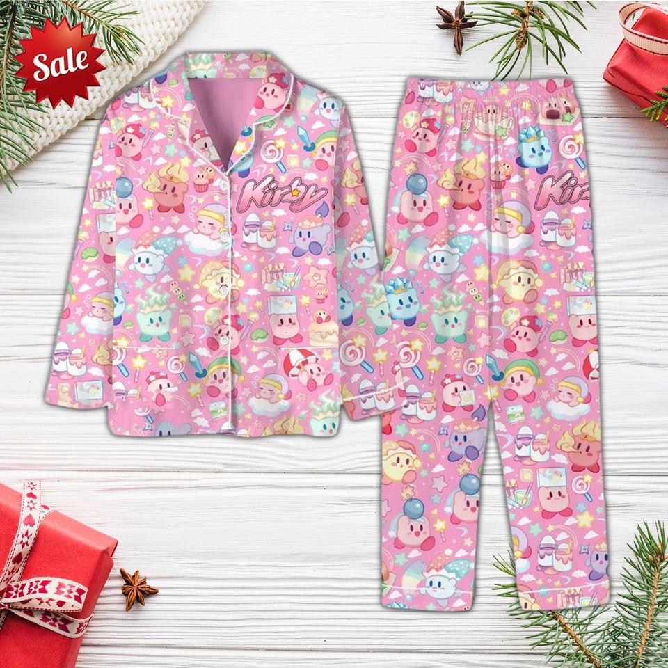 Kirby Pajama Set, Cute Kirby Pajama Set, Kirby Game Holiday Pajamas