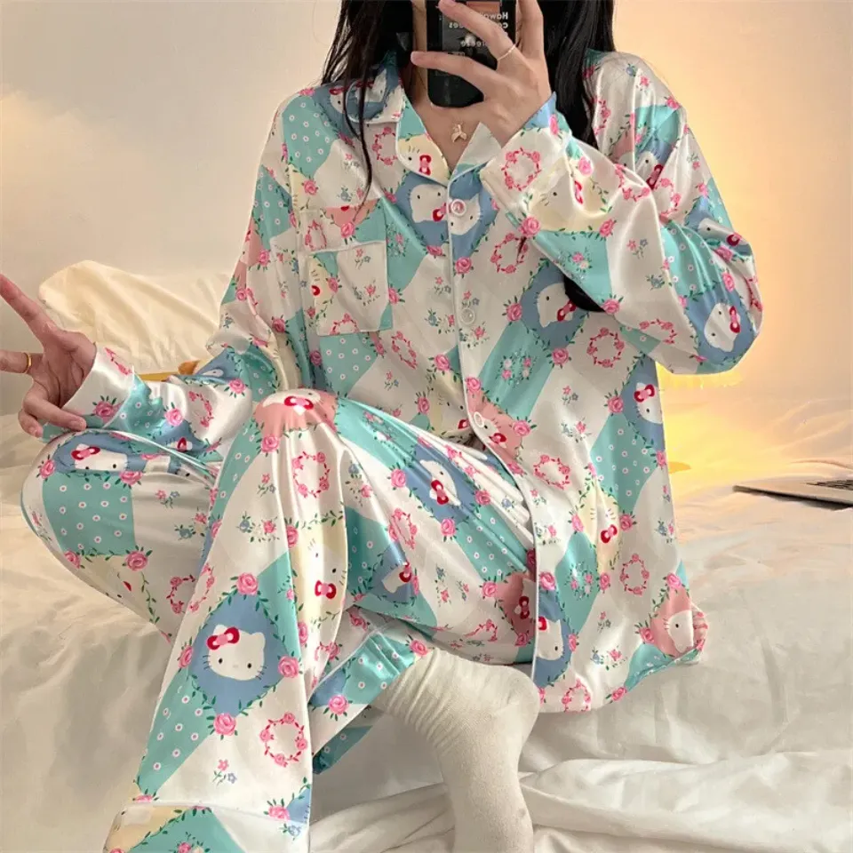 Hello Kitty Silk Satin Pyjamas Long Button Pajama Set