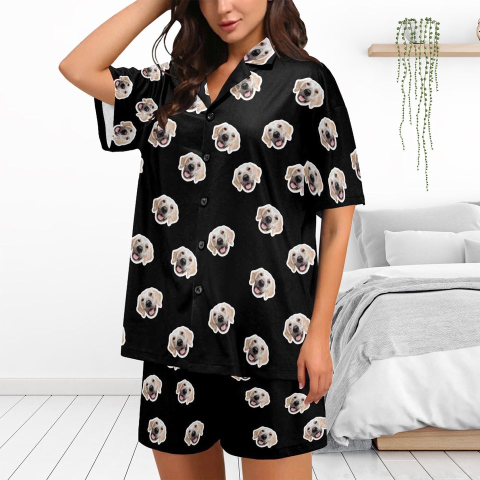 Pajama With Pet Face, Women'S Short Pajama Set With Dogs Cats Faces, Custom Dog Pajamas