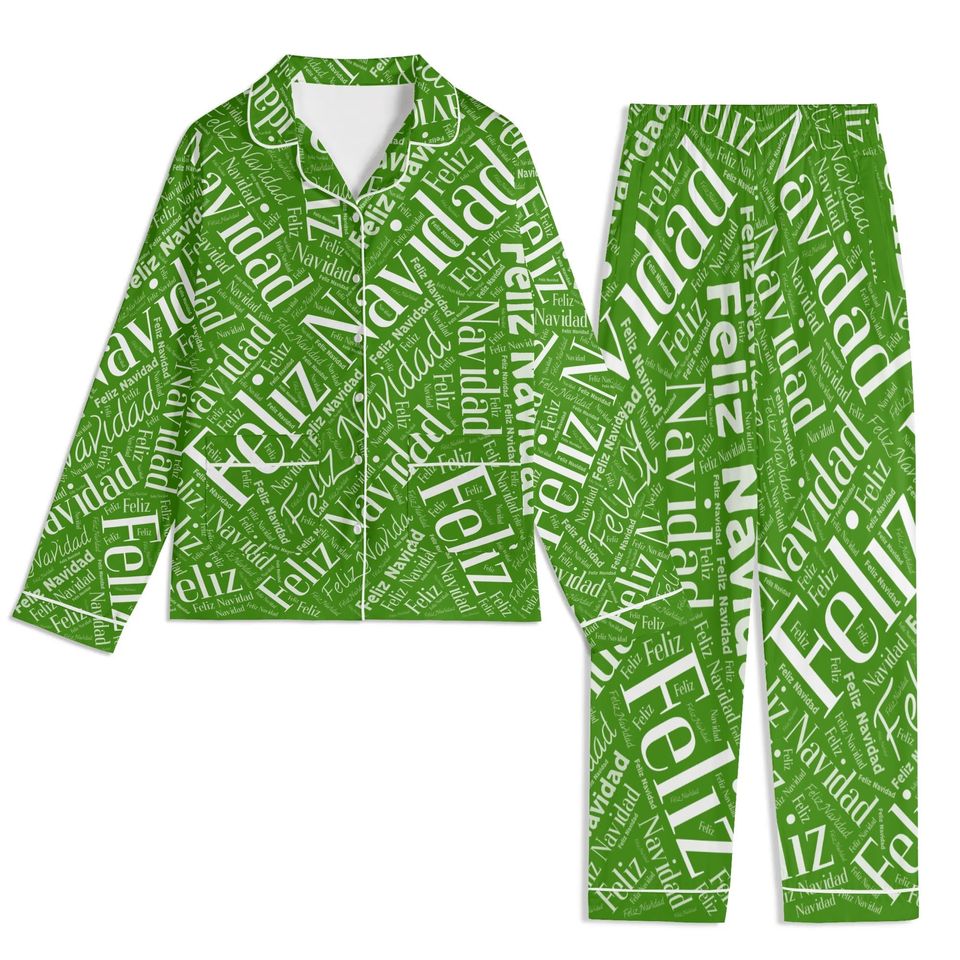 Feliz Navidad Green Unisex Long Sleeve Adult Nightwear Pajama Set