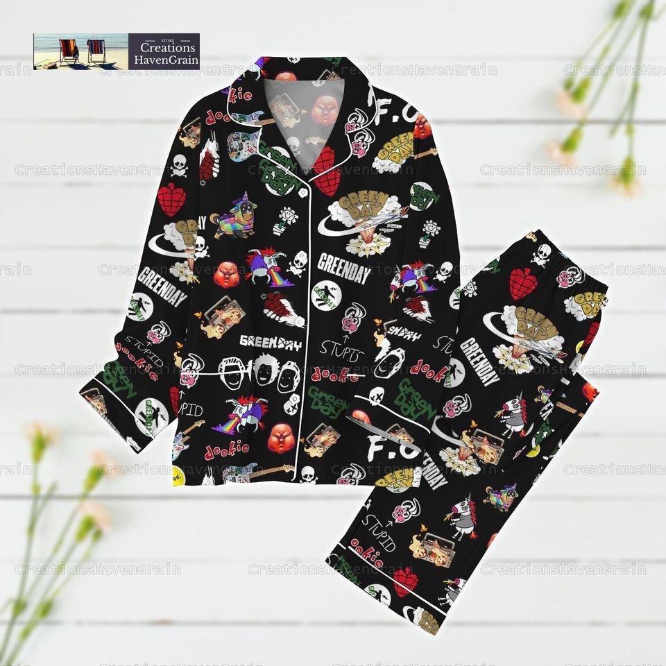 Greend Band Pajama Set, Rock Band Music Midnight Pajama Set