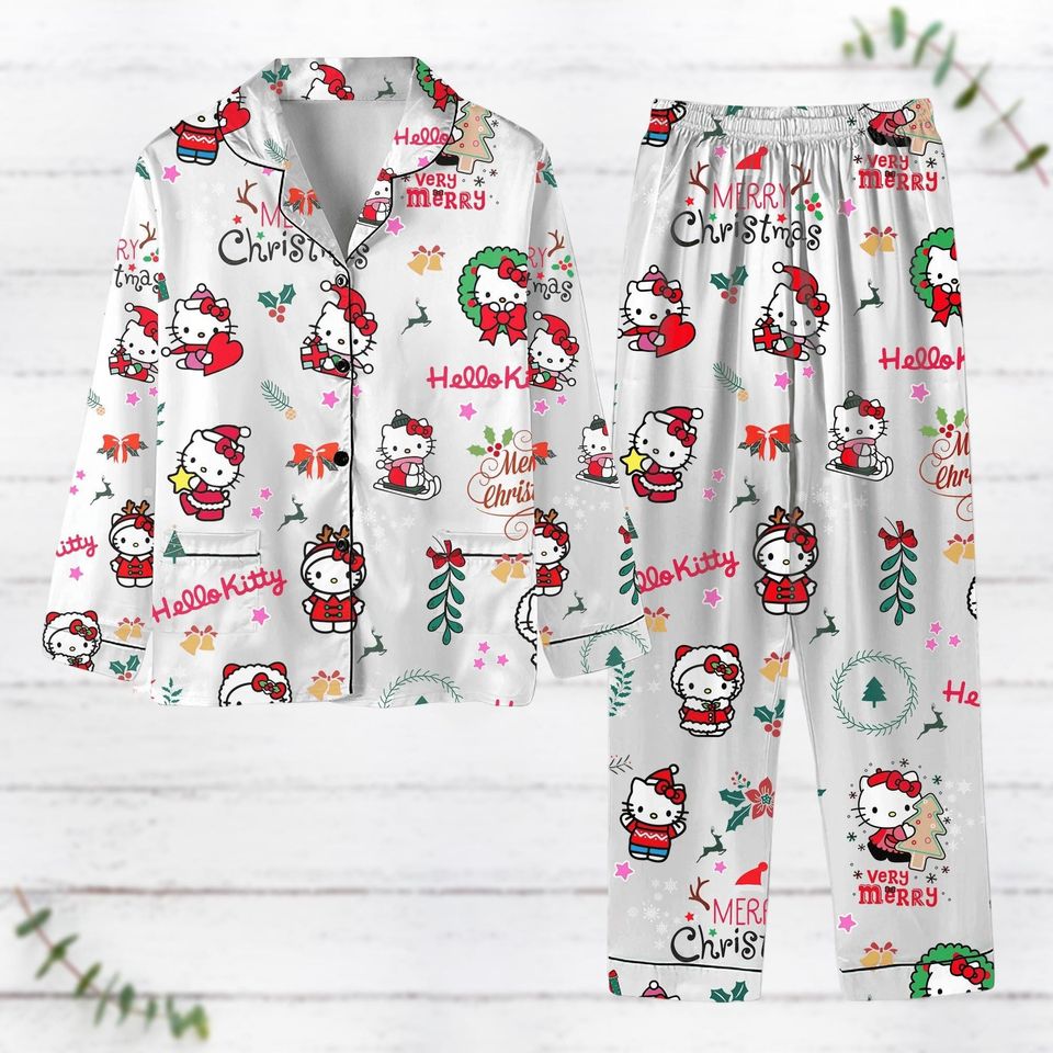 Hello Kitty Pajama Set, Kitty Cartoon Character Xmas Pajamas