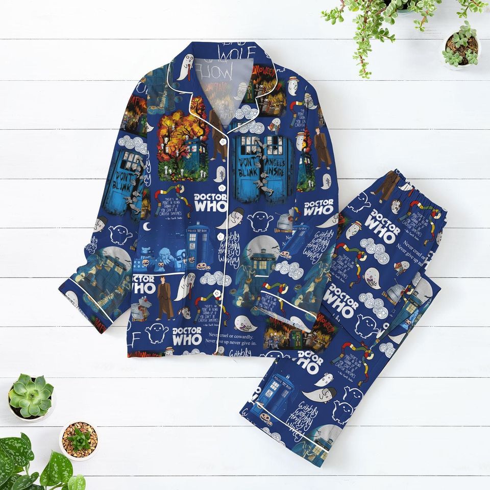 Halloween Doctor Who Pajama Set, Dr Who Police Box Starry Night Shirt