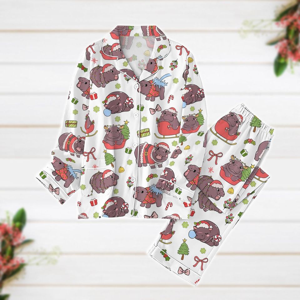 Pajamas, Cute Moo Deng Pajama Set, Hippo Santa Hat Xmas Pajama Set