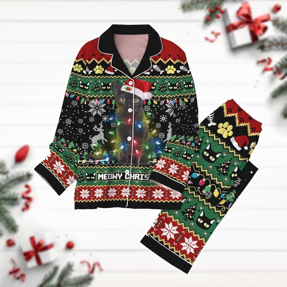 Black Cat Pajama Set, Merry Catmas Holiday Pajamas, Cat Lover Gift