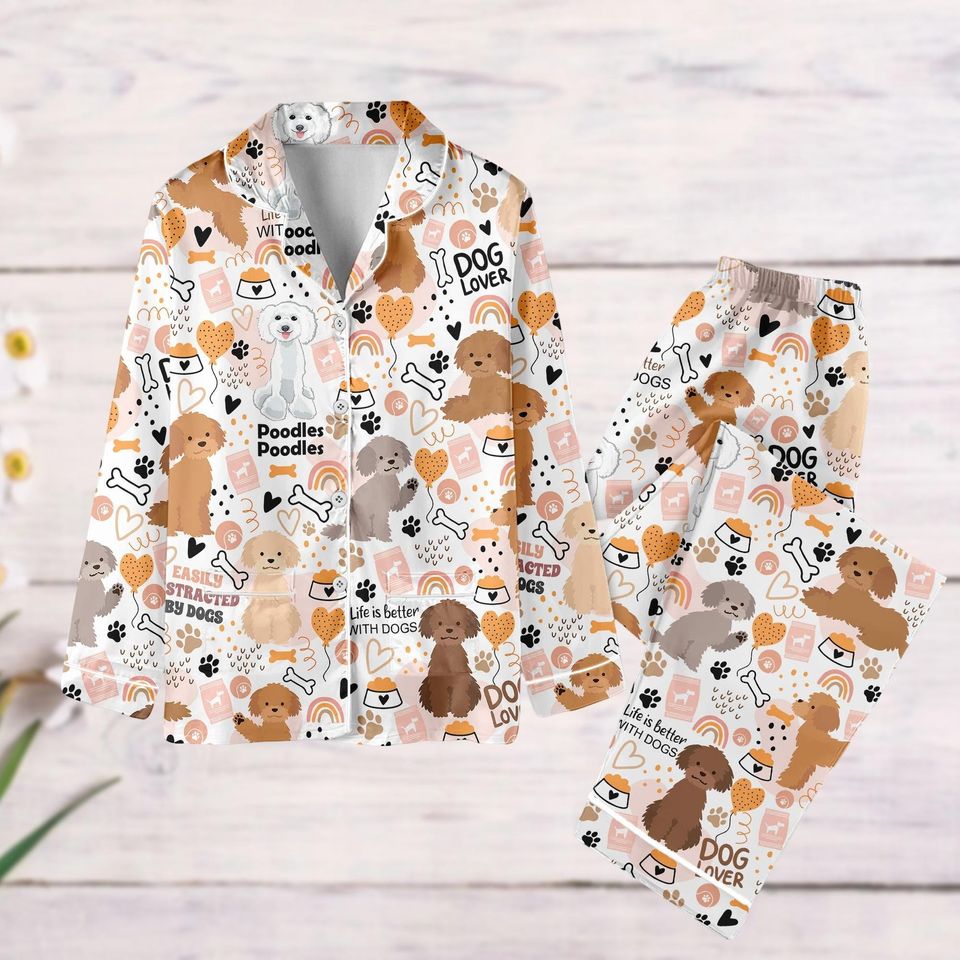 Poodle Dog Pajama Set, Poodle Mom Holiday Pajamas, Cute Dog Pajama Set