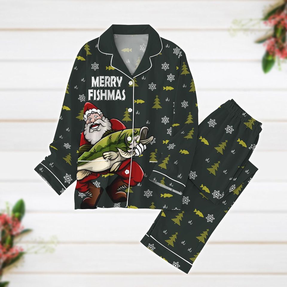 Fishing Pajamas, Merry Fishmas Pajama Set, Fisherman Bass Santa Pajama Set