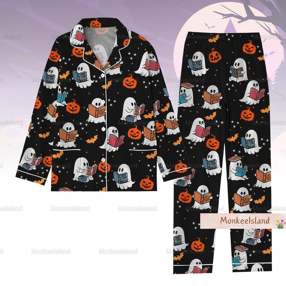 Halloween Pajamas, Halloween Women Pajamas, Ghost Reading Book Pajama Set