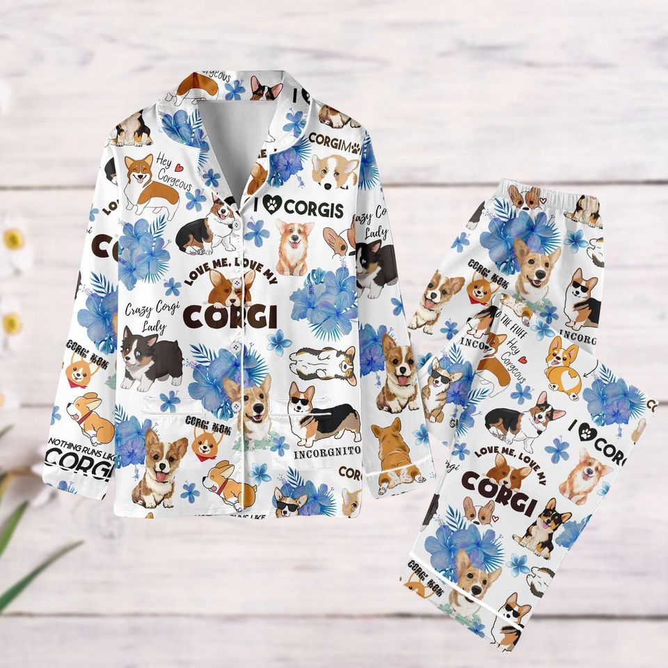 Corgi Dog Pajama Set, Corgi Floral Pajamas, Cute Pet Mom Long Sleeve Pajama Set