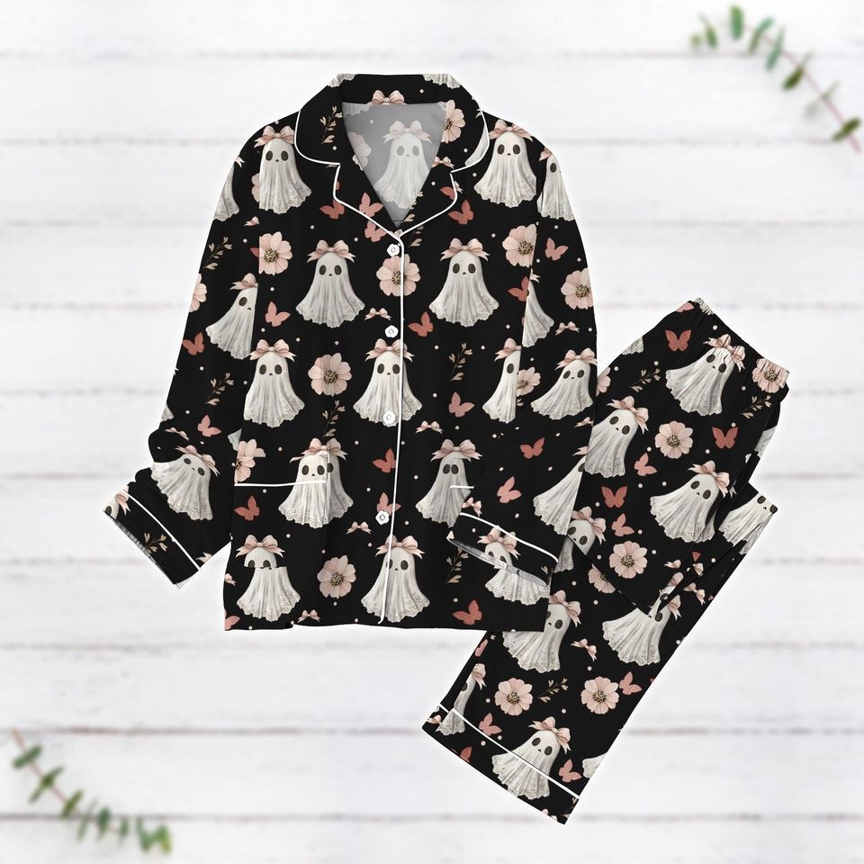 Halloween Pajamas, Ghost Coquette Bow Pajama Set, Pink Coquette Halloween Pajama Set