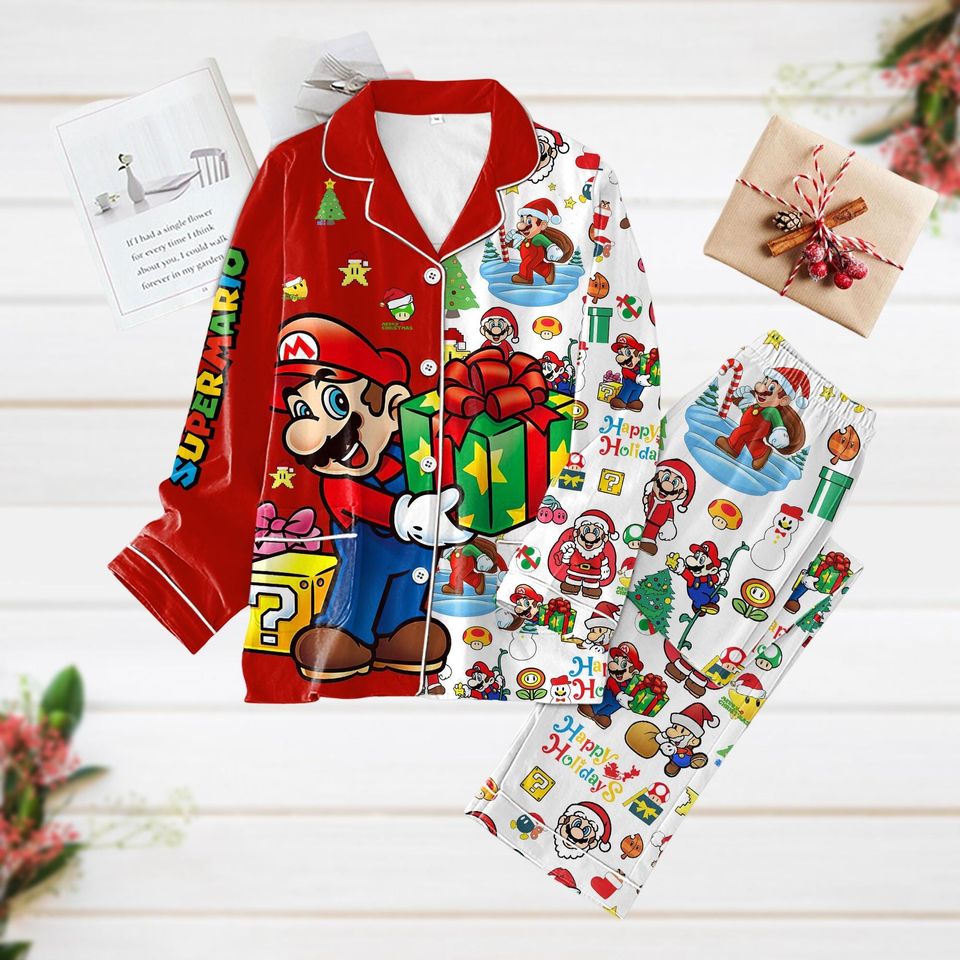 Super Mario Pajamas, Mario Santa Pajama Set, Video Pajama Holiday Pajama Set