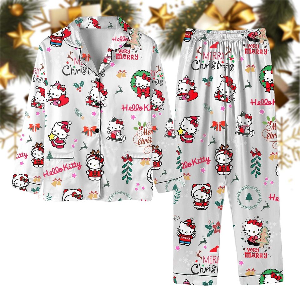 Hello Kitty Pajama Set, Cute Cat Merry Xmas Pj Set