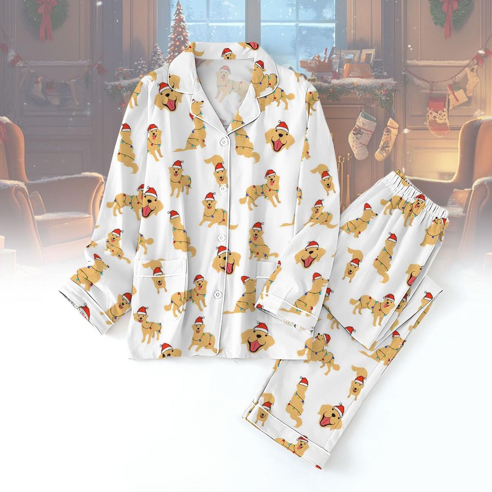 Golden Retriever Pajama Set, Dog Santa Hat Pj Set Pants