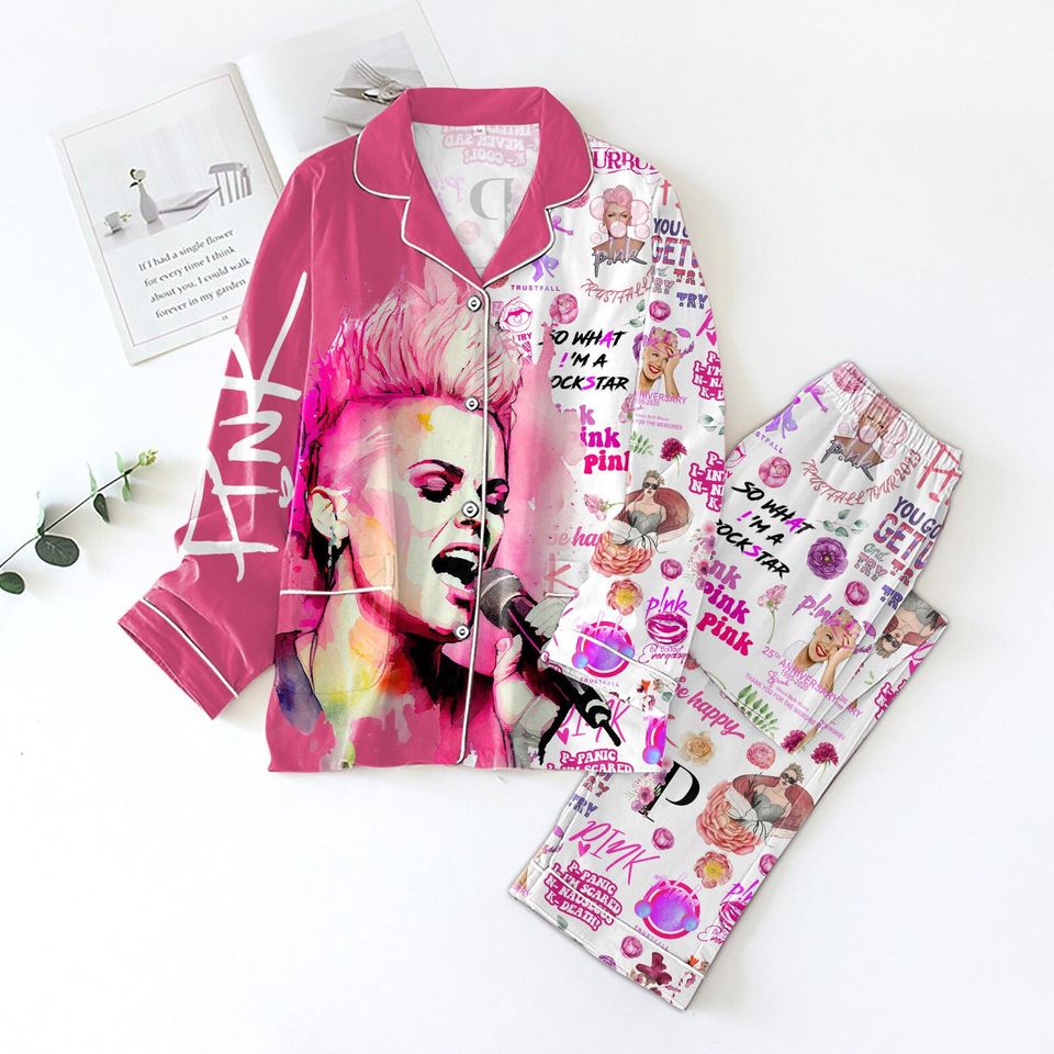 Pink On Tour Pajama Set, Pink Singer Xmas Pajama Set, Pink Concert Holiday Pajama Set