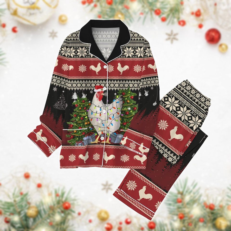 Chicken Pajama Set, Chickens Lights Xmas Pj Set