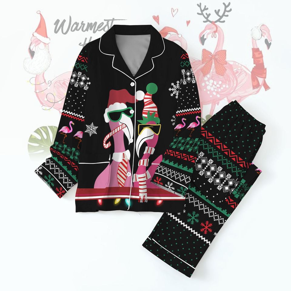 Flamingo Pajama Set, Flamingo Lights Trees Santa Tshirt Pants