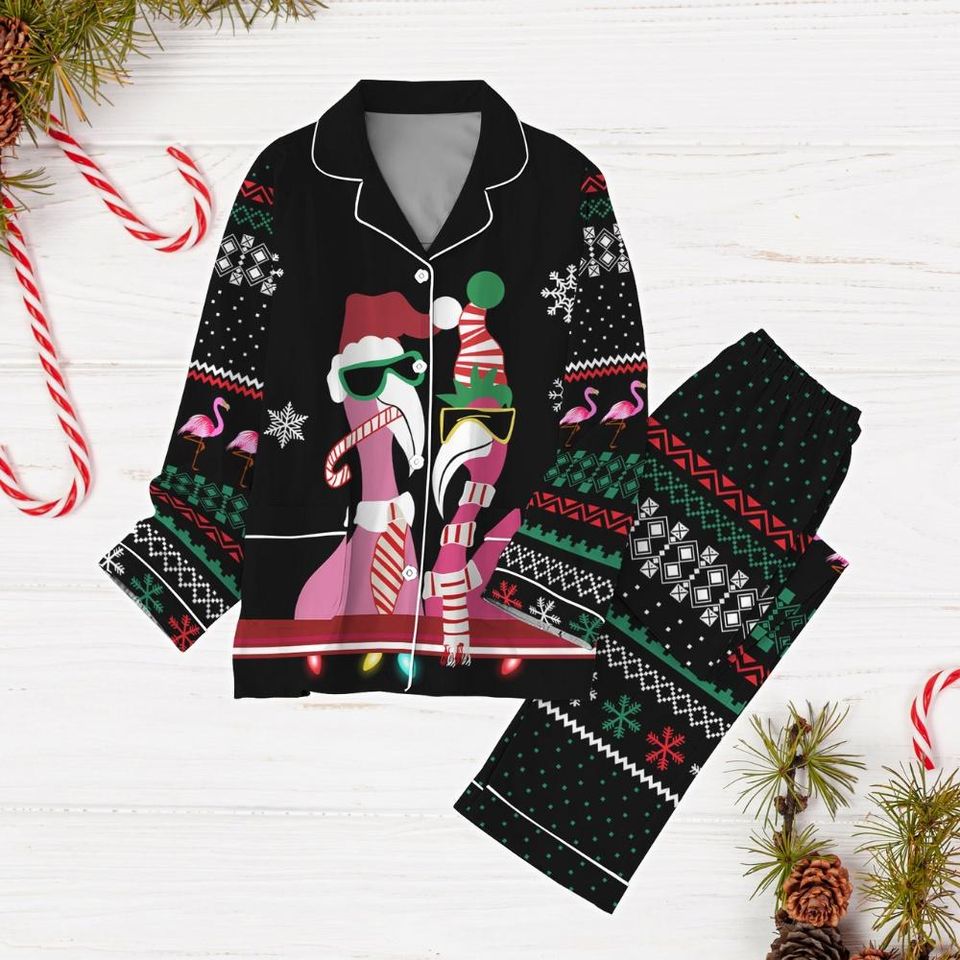 Cute Flamingo Pajama Set, Flamingo Santa Hat Xmas Pajamas