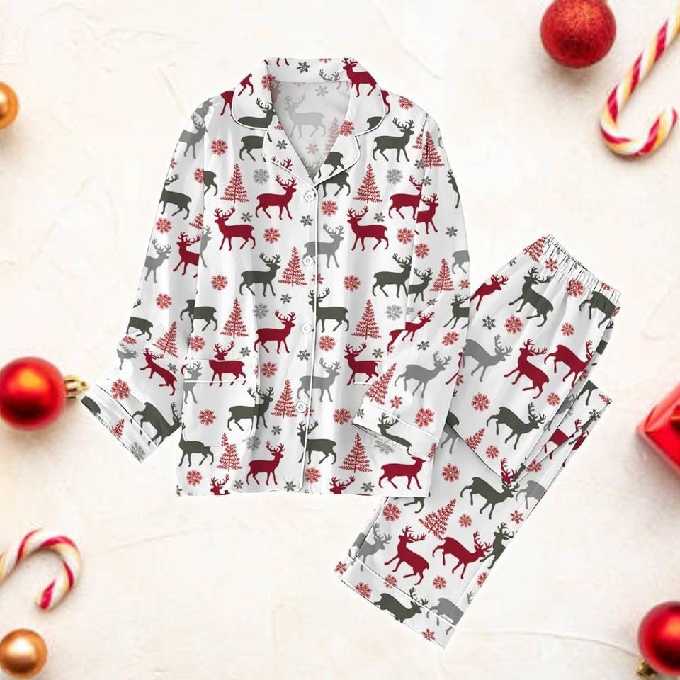 Reindeer Pajama Set, Deer Holiday Pajamas, Animal Lover Shirt