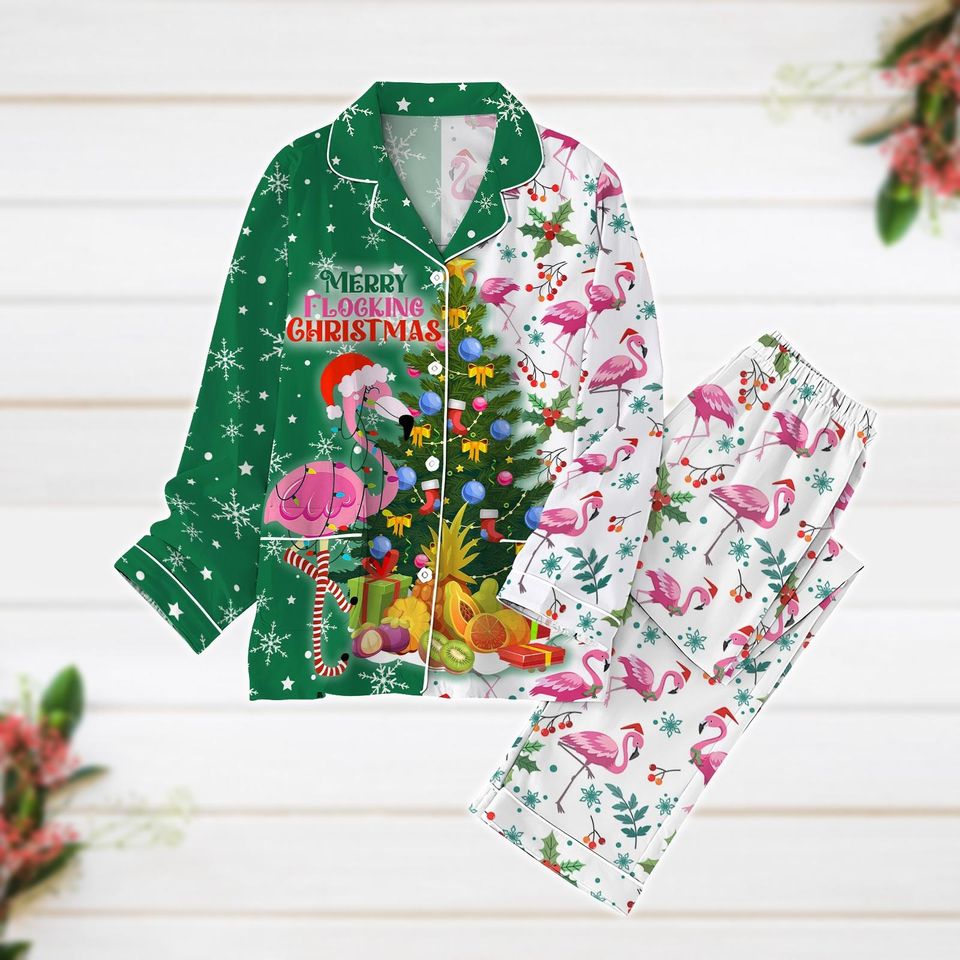 Pajama Set, Flamingo Santa Pajama Set, Merry Flocking Xmas Pajama Set