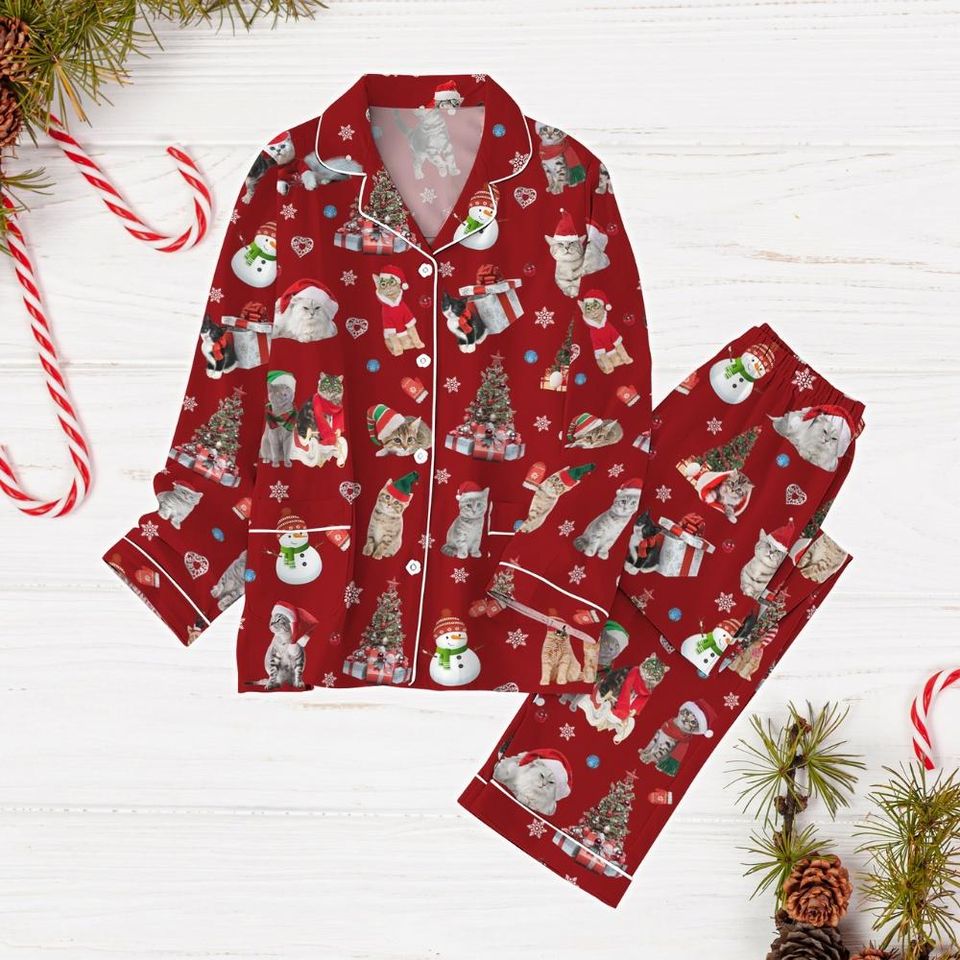Cat Pajama Set, Cat Santa Claus Holiday Pajamas