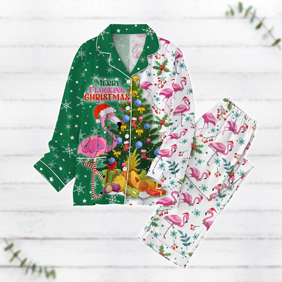 Cute Flamingo Pajama Set, Funny Flamingo Santa Hat Xmas Pajamas