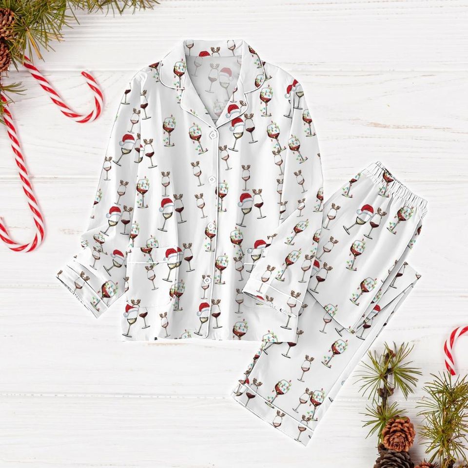 Red Wine Pajama Set, Wine Glasses Xmas Pajamas