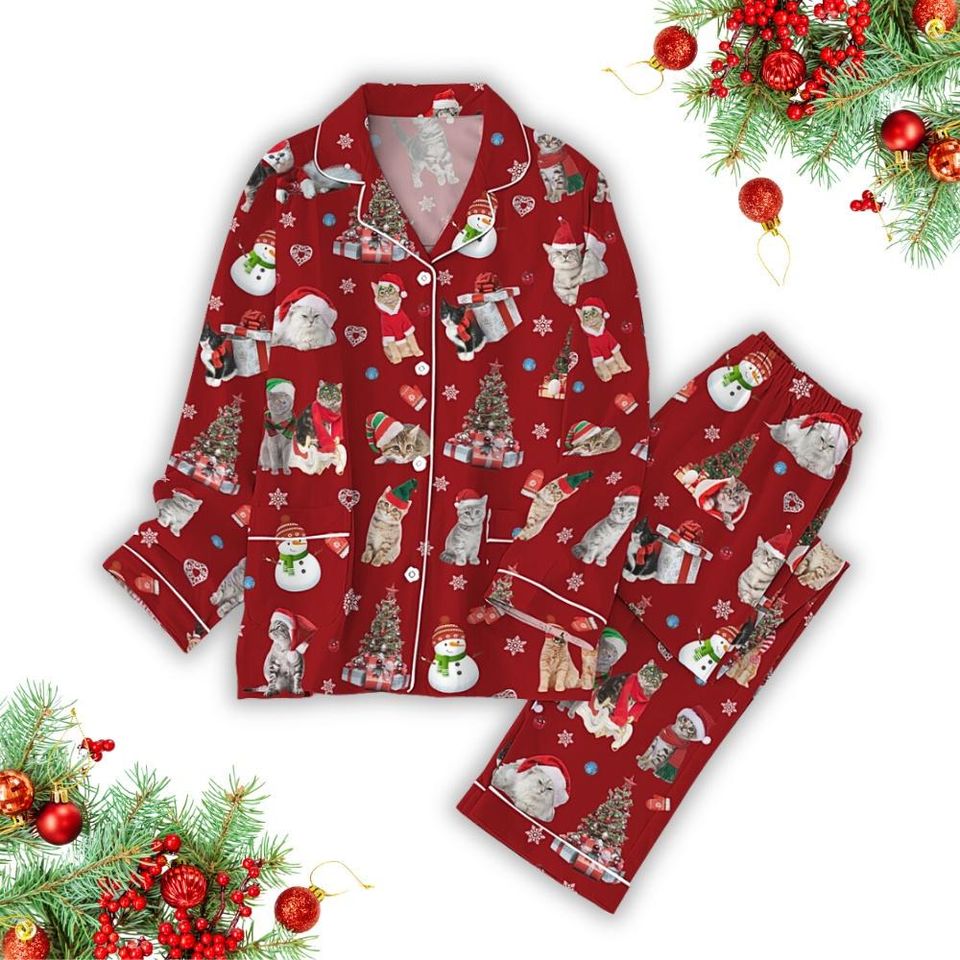 Cat Santa Pajama Set, Cute Cat Xmas Shirt, Animal Set Of Pajamas
