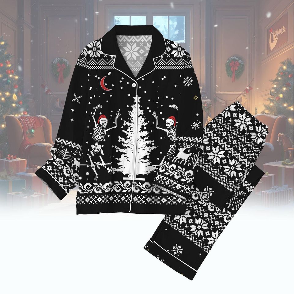 Dancing Skeletons Pajama Set, Santa Skeleton Tshirt Pant Set