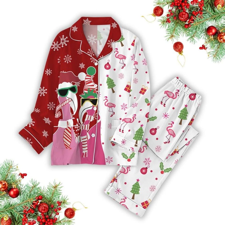 Funny Flamingo Santa Pajama Set, Candy Cane Xmas Pjs