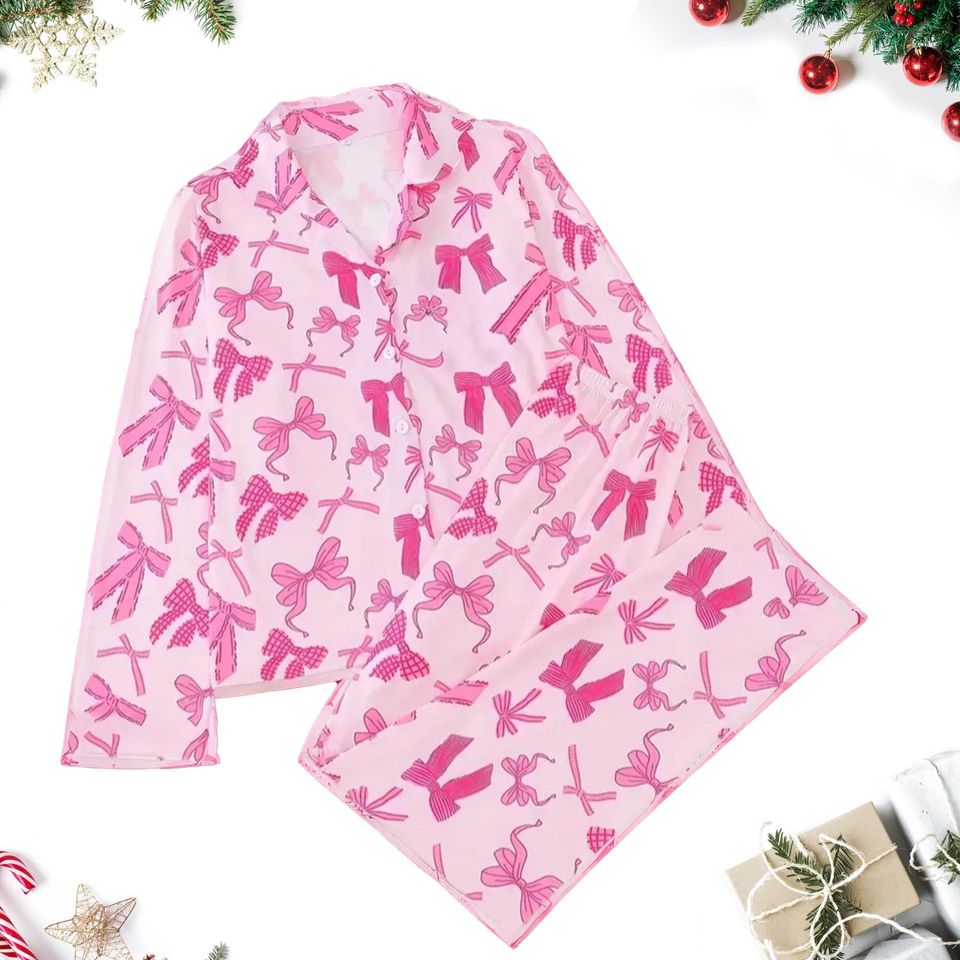 Bow Tie Pajama Set, Pink Bow Tie Pajamas