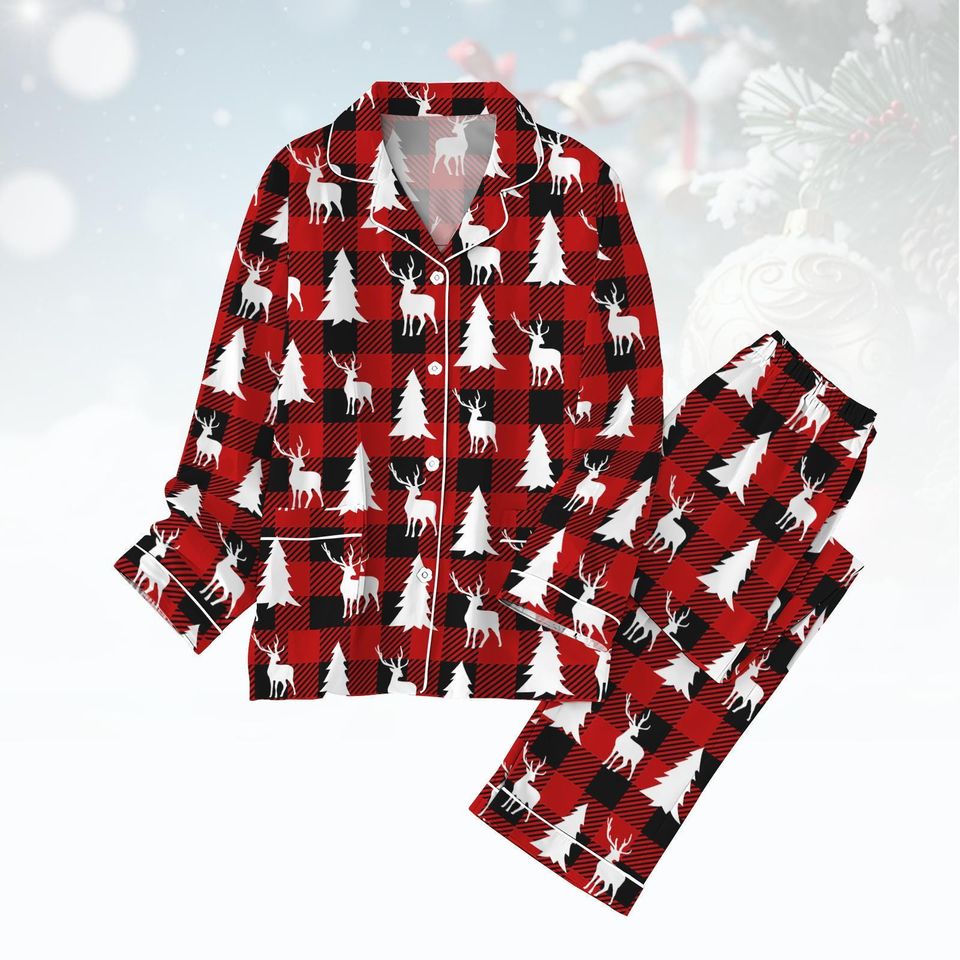 Tree Pajamas, Reindeer Xmas Pattern Design, Winter Pajama Set