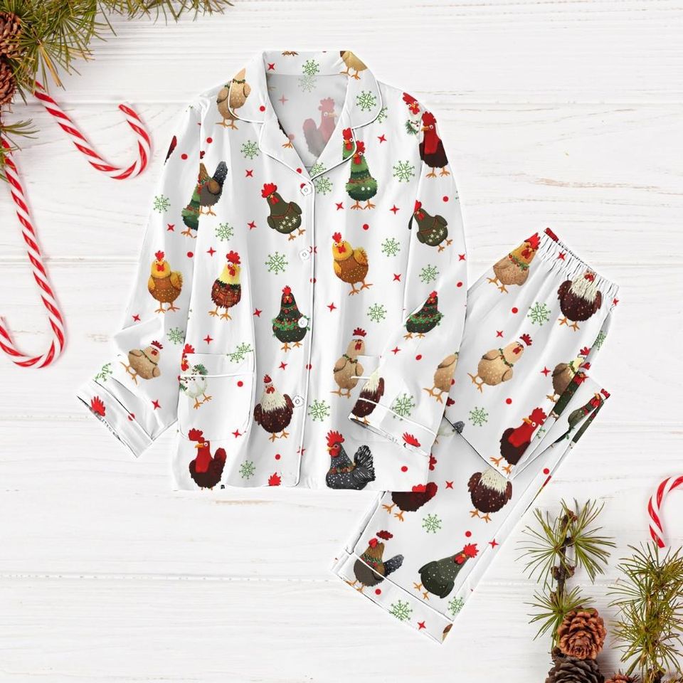 Chicken Pajama Set, Chicken Santa Hat Holiday Pajamas
