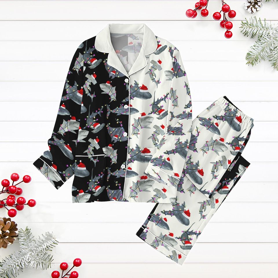 Shark Pajama Set, Santa Hat Shark Holiday Pajama Set, Animal Lover Xmas Pajama Set