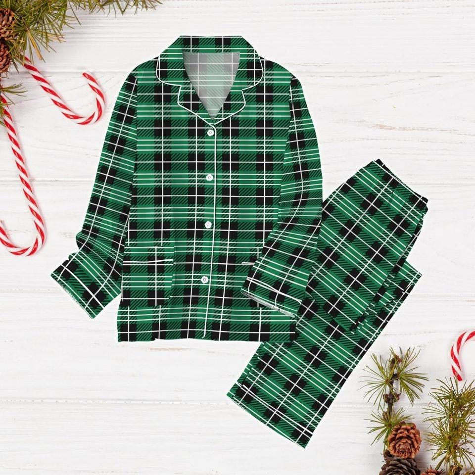 Green Plaid Pajama Set, Holiday Pajama Set