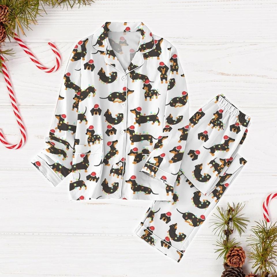 Dachshund Dog Pajama Set, Cute Sausage Dog Xmas Pajamas