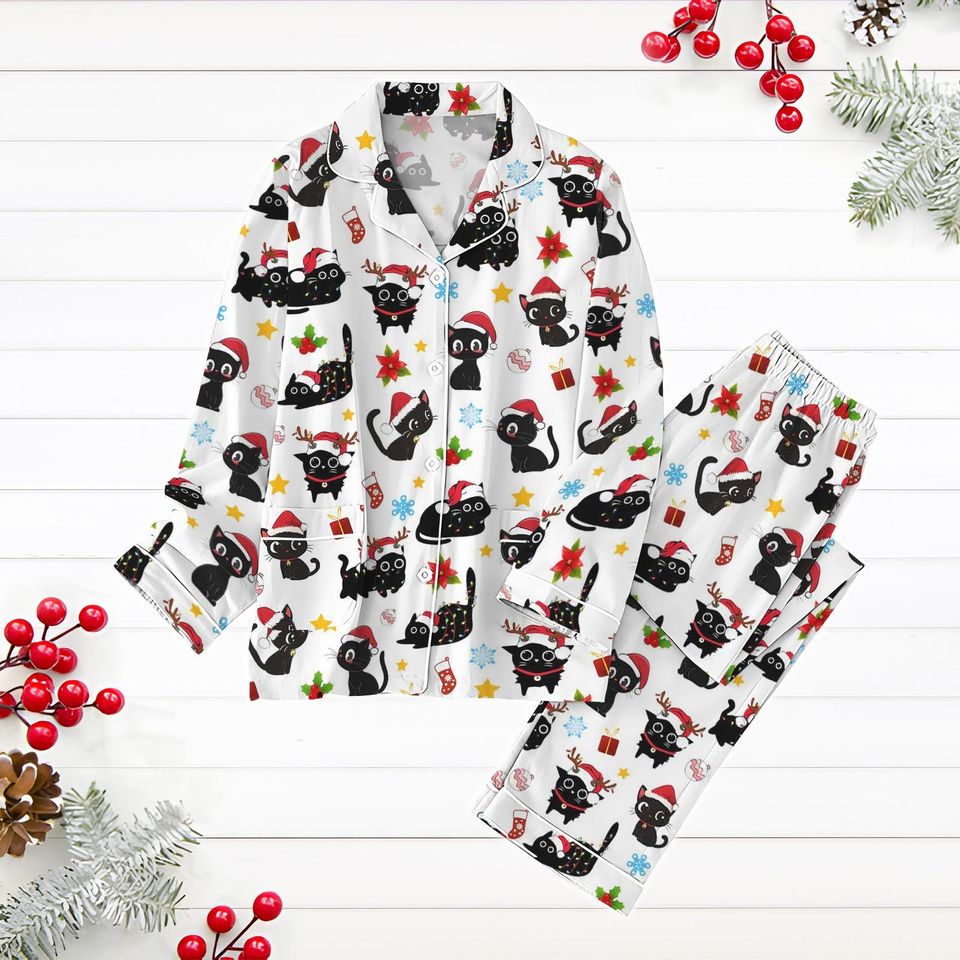 Black Cat Pajama Set, Cat Shirt, Kitten Holiday Pajamas