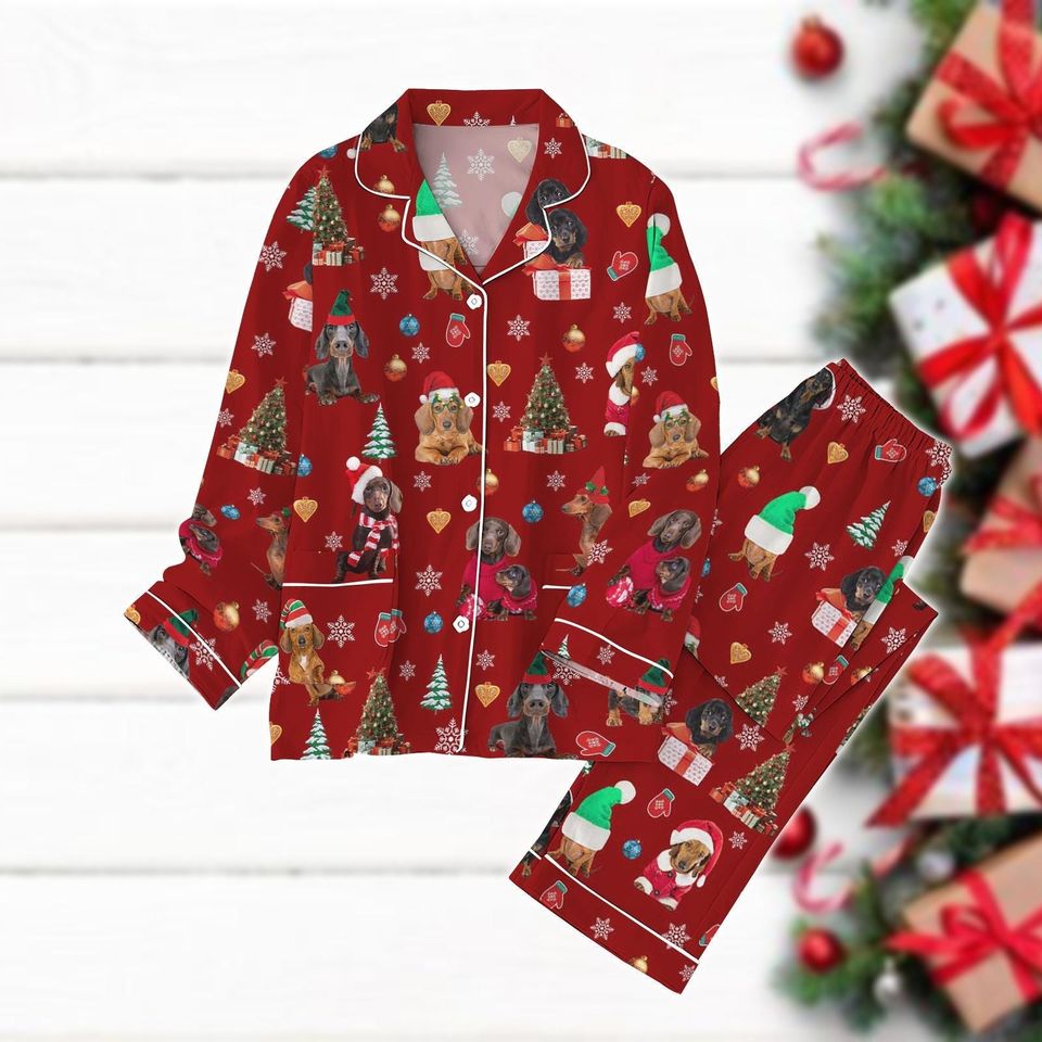Dachshund Dogs Pajama Set, Santa Dog Holiday Pajamas