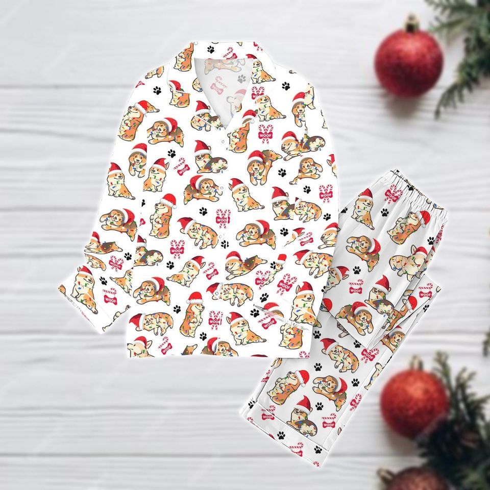 Corgi Dog Pajama Set, Cute Dog Holiday Pajama Set