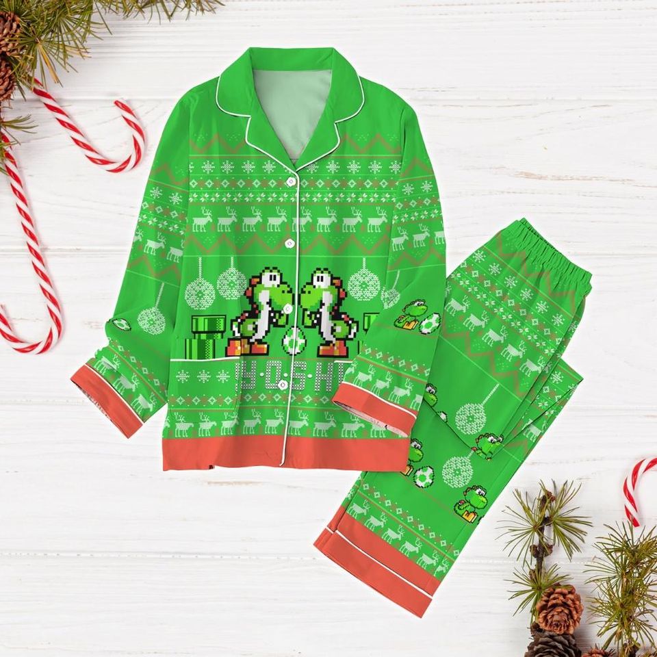 Super Mario Yoshi Pajama Set, Yoshi Holiday Pajama Set, Super Mario Xmas Pajama Set