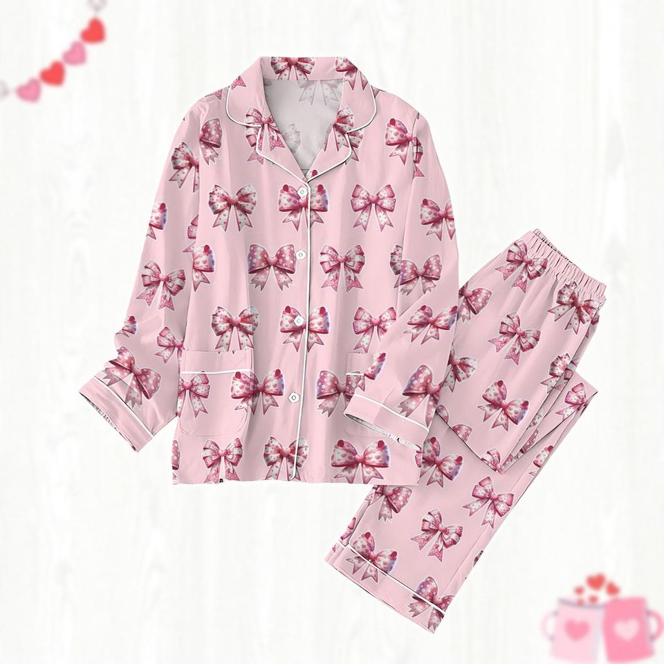 Vintage Pink Bow Pajama Set, Coquette Trendy Shirt
