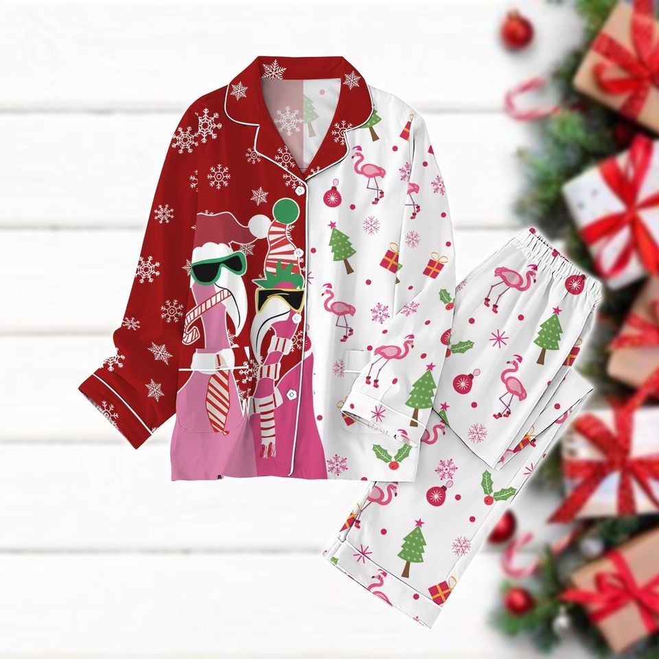 Candy Cane Flamingo Pajama Set, Cute Pink Bird Holiday Pajamas