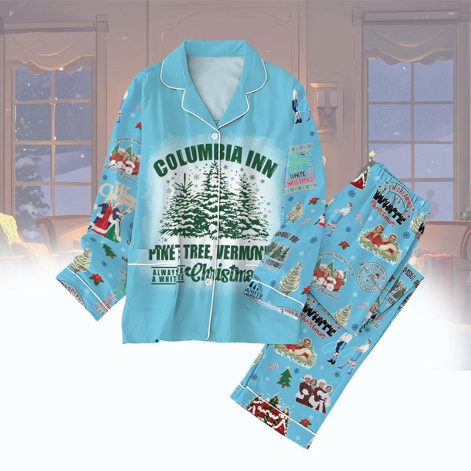 White Movie Pajama Set, Columbia Inn Pine Tree Vermont Shirt