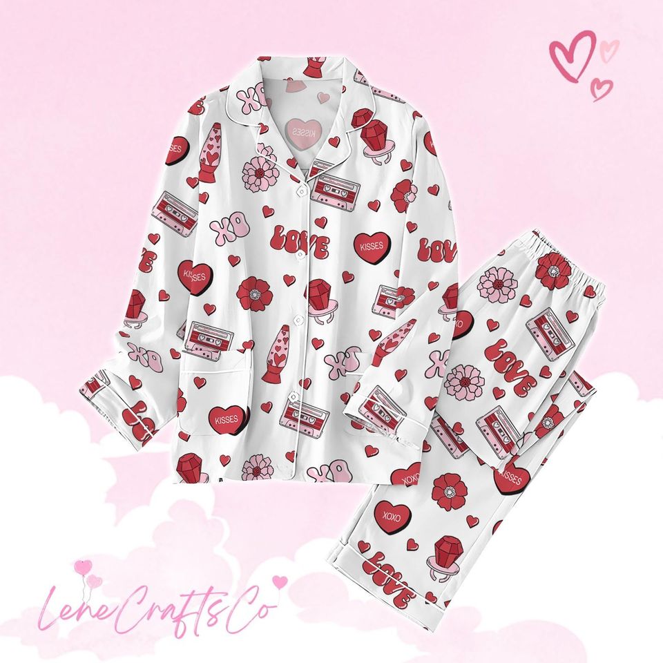 Retro Valentine Thick Pajama Set, Be Mine Pajamas Set Pants, Kisses Pajamas Set For Party