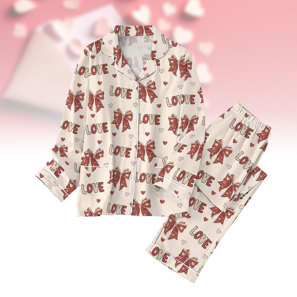 Valentine'S Day Love Heart Pajamas, Coquette Bow Pajama Set