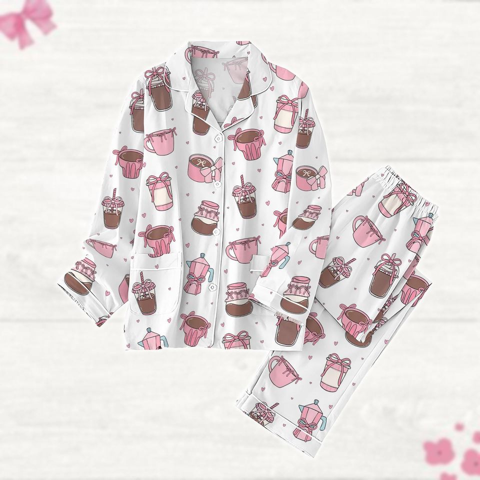 Coquette Coffee Pajama Set, Valentines Day Coffee Women Pajamas