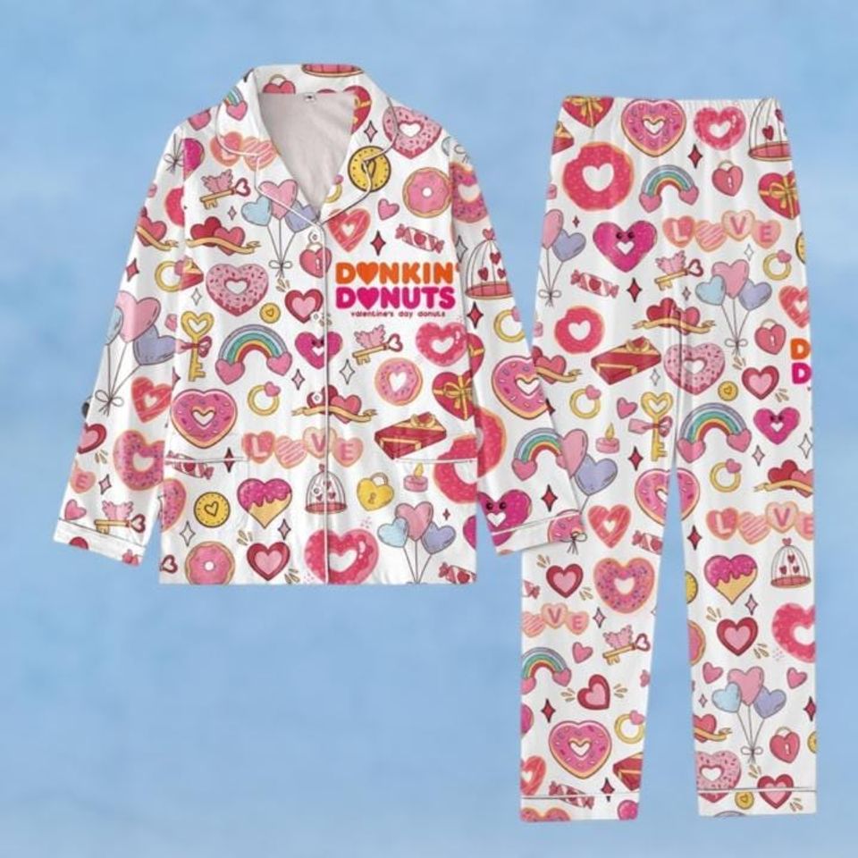 Dunkin Donut Valentine Pajama Set, Funny Donuts Xmas Pajamas