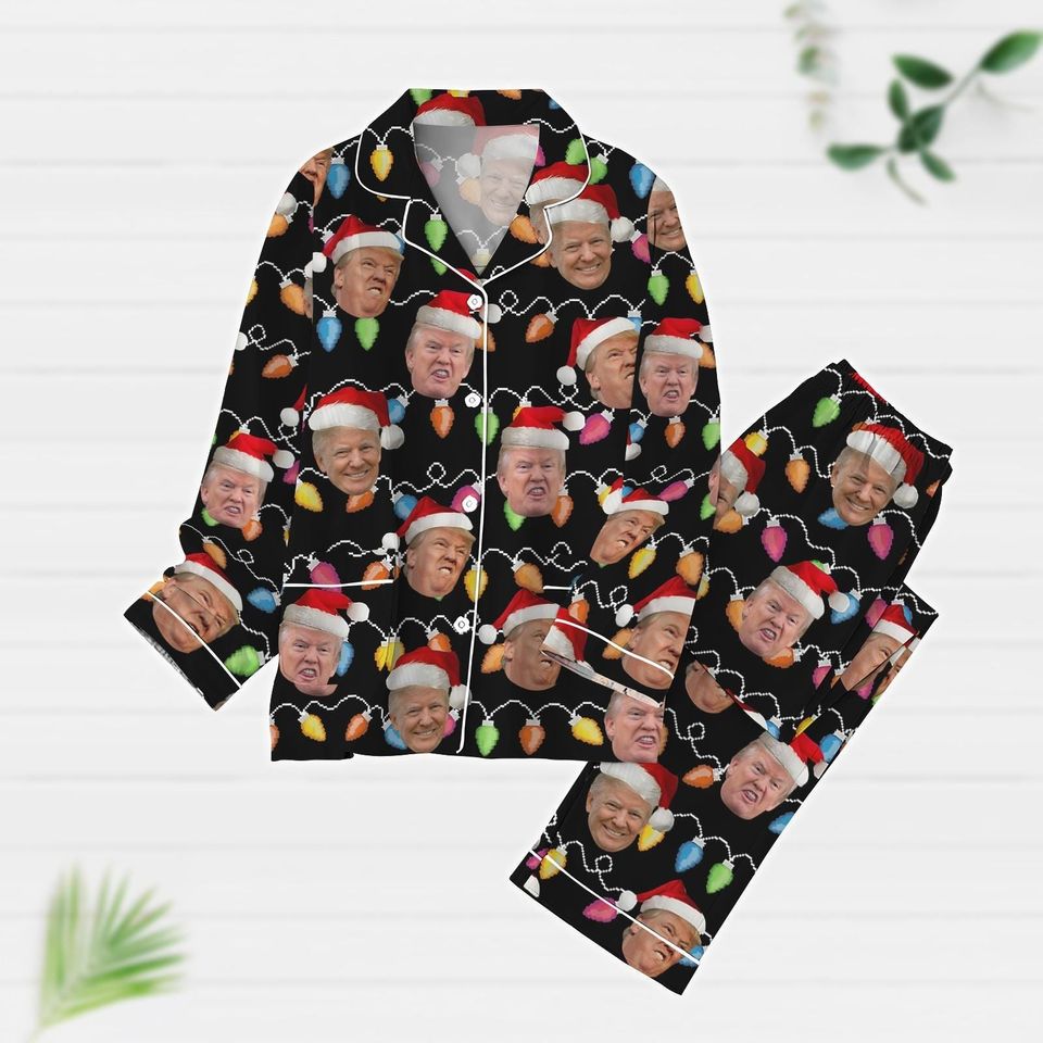 Trump Lights Pajama Set, Funny Trump Face Holiday Pajama Set